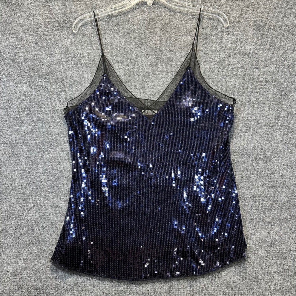 Free People Sequin Cami Women Large Navy Blue Sparkle Mesh Trim Party Top